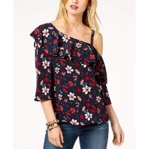 Zoe by Rachel Zoe Womens Floral-Print One-Shoulder Top Navy Multi Sze Small NWOT
